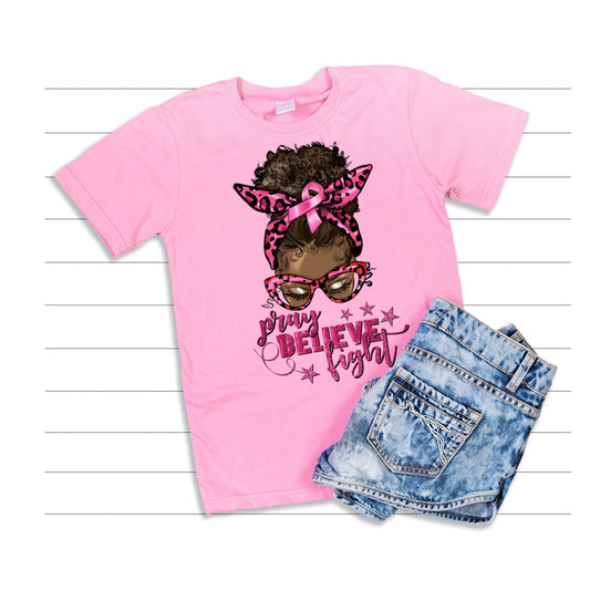 PRAY, BELIEVE, AND FIGHT PINK T-SHIRT, LEOPARD PRINT DESIGN T-SHIRT, AFRICAN AMERICAN FEMALE PRINT T-SHIRT