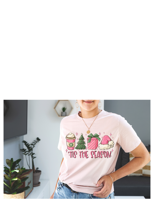 TIS THE SEASON TONE ON TONE PINK T-SHIRT, CHRISTMAS T-SHIRT, MERRY CHRISTMAS T-SHIRT